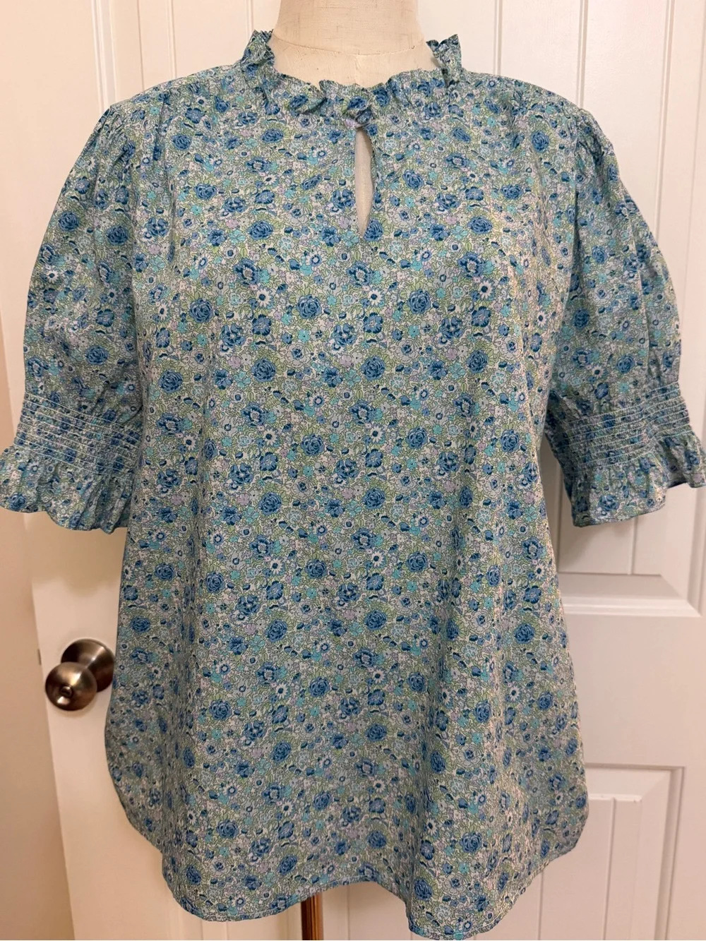 J. Crew Made with Liberty Fabric Blue Floral Smocked Sleeve Blouse Sz XXL